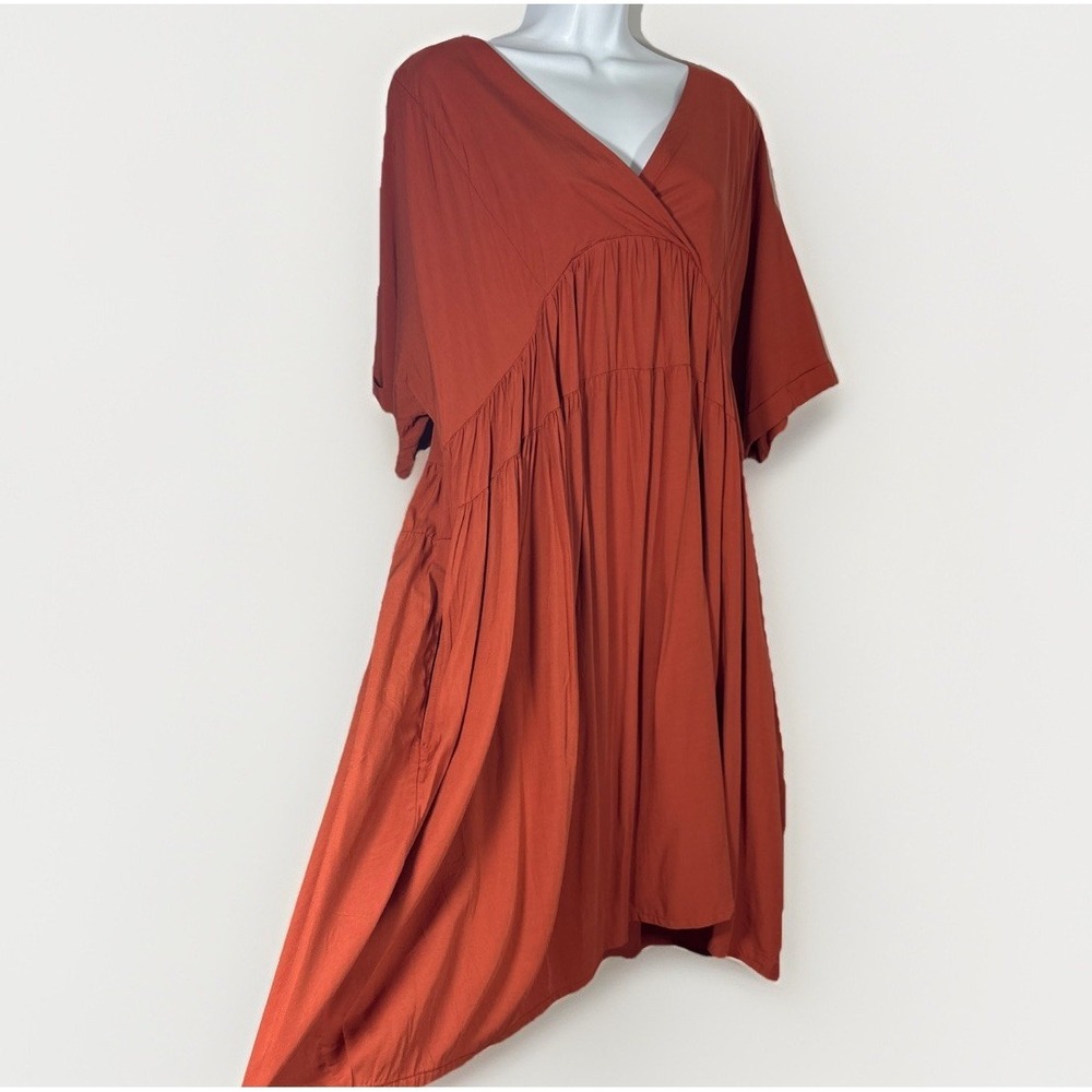 Babydoll Tiered Dress XL Rayon Tencel Short Sleeve Boho Terracotta Tassel Tie